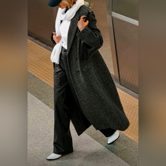 New Chic Oversized Herringbone Tweed Long Maxi Jacket Coat Black White - Picture 2 of 9